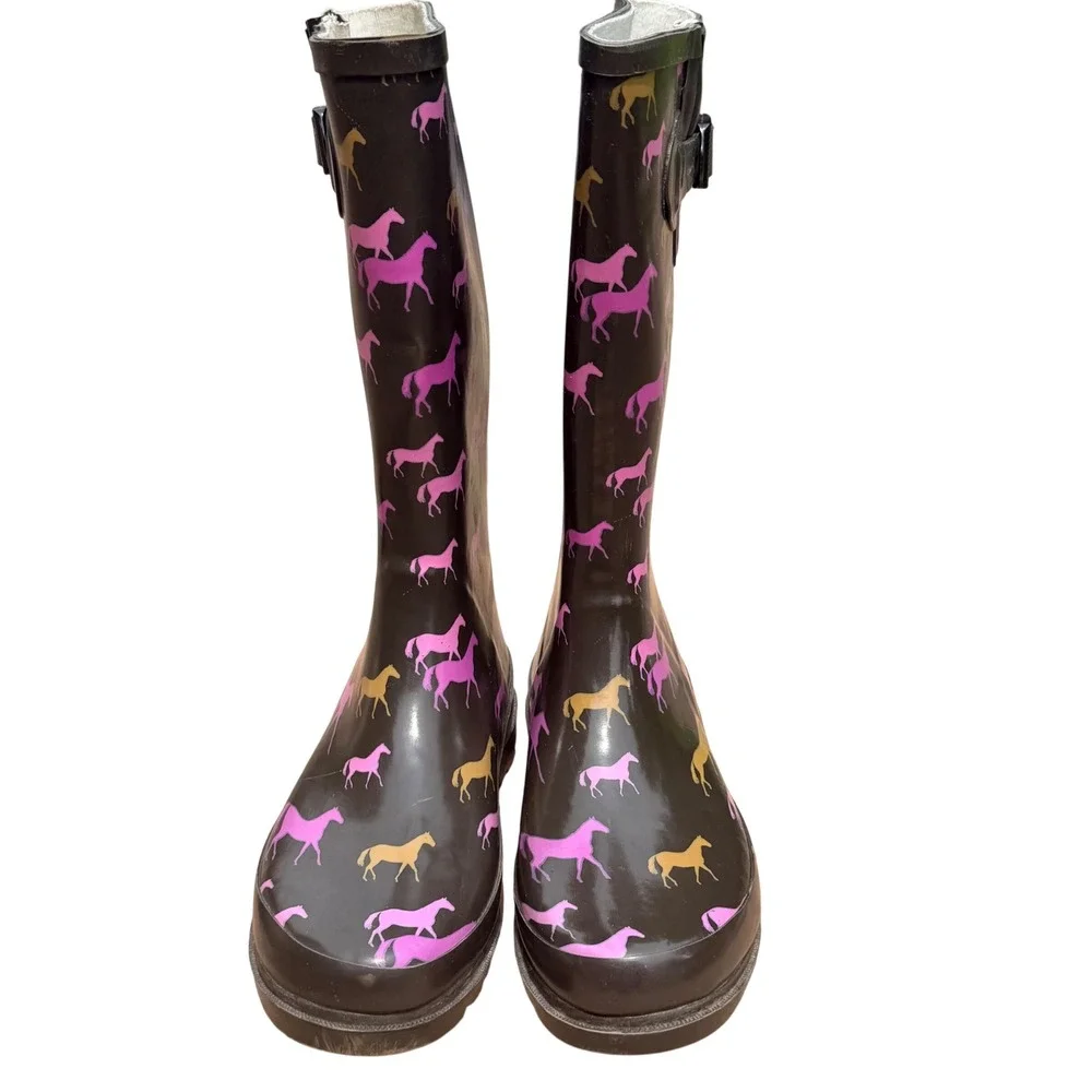 Western Chief Rain Boots Womens 6 Espresso Brown Rubber Horse Print Tall Western